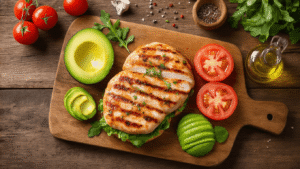 Bunless Kipburger Recept Cinematisch bovenaanzicht van een rustieke houten snijplank met verse ingrediënten voor een bunless kipburger, waaronder sappige kipfilets, avocado, tomaat, en sla, omringd door olijfolie en kruiden in een gezellige keukensfeer met een dampende koekenpan op de achtergrond.