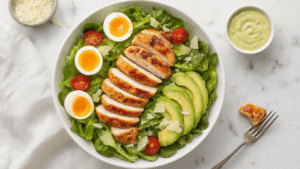 Kip Caesar Salade (zonder croutons): Een Verrukkelijke en Veelzijdige Maaltijdsalade Cinematische bovenaanzicht van een elegante saladekom gevuld met romaine sla, kipfilet, gepocheerde eieren, avocado, spek, cherrytomaten en Parmezaanse kaas, met romige Caesar dressing, op een marmeren achtergrond met verse kruiden en vintage bestek.