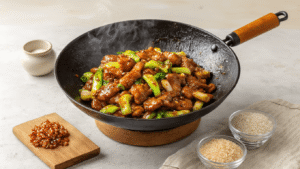 Een dampende zwarte wok met goudbruin geroerbakt varkensvlees en knapperige Chinese kool, verrijkt met sojasaus en vers gesneden lente-uitjes, omringd door ingrediënten zoals maïzena, Shaoxing rijstwijn, knoflook, gember en rode chilipepers op een rustieke houten snijplank, met een hittebestendige bamboe spatel in een warme, gezellige keuken.