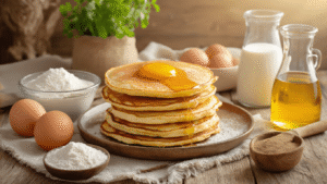 Heerlijke Pannenkoeken van Kokosmeel: Glutenvrij en Gezond Ontbijt Warme keukenscène met kokosmeel pannenkoeken, versierd met bosbessen, omringd door ingrediënten zoals eieren en plantaardige melk, in een gezellige ambiance met gouden ochtendlicht.