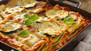 Warm rustic kitchen bathed in golden sunlight featuring a steaming dish of layered zucchini lasagna, bubbling melted cheese, garnished with fresh basil. A wooden cutting board displays thinly sliced zucchini, dollops of ricotta, and grated Parmesan, alongside a simmering cast iron pan of red tomato sauce. The cozy atmosphere is enhanced by soft shadows and earthy tones, with a mandoline, fresh herbs, and garlic arranged around the scene, inviting warmth and texture.