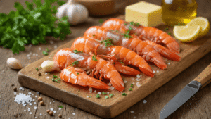 Knoflookboter Garnalen: Hét Ultieme Recept voor Smaakexplosie Close-up van verse tijgergarnalen op een houten snijplank, omringd door gesmolten boter, fijngehakte knoflook en peterselie, met een sissende koekenpan op de achtergrond.