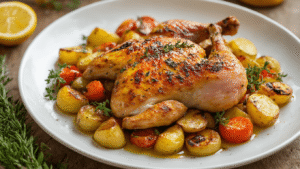 Gegrilde Kip met Kruidenboter: Hét Ultieme Zomerse Hoofdgerecht Cinematische close-up van goudbruine gegrilde kip met kruidenboter, omringd door geroosterde aardappelen en seizoensgroenten op een wit porseleinen bord, met verse kruiden en citroenpartjes, onder zachte natuurlijke verlichting op een rustieke houten tafel.