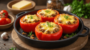 Heerlijke Gevulde Paprika's: Makkelijk en Veelzijdig Ovengerecht Warme Nederlandse keuken met vier glanzende rode paprikas gevuld met gehakt en rijst, besprenkeld met gesmolten kaas, op een rustieke houten tafel met verse kruiden en bereidingselementen in een gezellige sfeer.