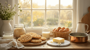 Koolhydraatarme Wafels van Amandelmeel: Hét Gezonde Ontbijtgeheim Warme Nederlandse keukenscène met gouden ochtendlicht, rustiek aanrecht met amandelmeel, verse eieren, roomkaas, gesmolten boter en vanille-extract, dampend wafelijzer op achtergrond, creëren een gezellige sfeer.