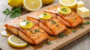 Gebakken Zalm met Citroenboter: Een Culinair Meesterwerk Cinematisch close-up van vier goudbruine zalmfilets met gesmolten citroenboter, omringd door citroenen, peterselie, boter en specerijen, op een houten snijplank met warme keukenverlichting.