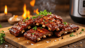 Keto BBQ Ribbetjes: Makkelijk en Heerlijk Close-up van gegrilde BBQ ribbetjes met glanzend karamelkleurig glazuur, garnering van verse peterselie, paprikapoeder en zeezout op een houten snijplank, met een vintage Instant Pot op de achtergrond en warme verlichting die dramatische schaduwen creëert.