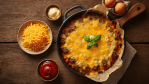 Keto Cheeseburger Ovenschotel: Ultiem Low-Carb Comfortgerecht Cinematische overhead shot van ingrediënts voor een keto cheeseburger ovenschotel op een rustieke houten tafel, met rundergehakt, ui, cheddar, roomkaas, eieren, en slagroom, omringd door suikervrije ketchup en verse kruiden in warm avondlicht.