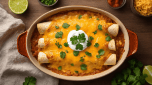 Cinematische overhead shot van goudbruine keto kip enchiladas in een rustieke keramische ovenschaal, met borrelende gesmolten cheddar, rijke romige saus, perfect gerolde tortilla's, stoom, verse koriander, limoen partjes en een uitnodigende gouden gloed, vastgelegd in hyperrealistische food fotografie stijl.