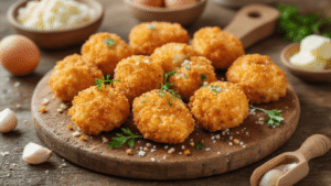 Keto Kipnuggets: De Ultieme Low-Carb Snack voor Elke Keto-Liefhebber Cinematische close-up van krokante keto kipnuggets op rustiek hout, omringd door verse ingrediënten en warme keukenverlichting.