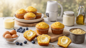Keto Eimuffins: Heerlijke Low-Carb Ontbijtjes in een Handomdraai Rustieke keuken met gouden ochtendlicht, houten aanrecht vol verse ingrediënten voor eimuffins: gebroken eieren, amandelmeel, gesmolten boter, dampende goudbruine muffins en blauwe bessen, in een warme, gezellige ambiance met textuurrijke oppervlakken.