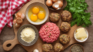 Warme Nederlandse keukenscène met rustieke houten snijplank en verse ingrediënten voor keto gehaktballetjes, waaronder rundergehakt, eieren, amandelmeel, Parmezaanse kaas, knoflook en peterselie, met goudbruine gehaktballetjes die in een pan sissen.