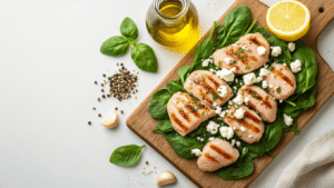 Rustieke houten snijplank met verse spinazie, verkruimelde feta, rauwe kipfilets, gehakte knoflook, olijfolie, oregano, citroenschijfjes, tegen een neutrale achtergrond met warme verlichting en professionele food styling.