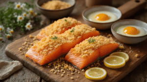 Cinematische close-up van verse zalmfilets op een houten snijplank, omringd door kommen met bloem, geklopt ei en panko, met warme verlichting en citroenschijfjes, in een gezellige keukenomgeving.