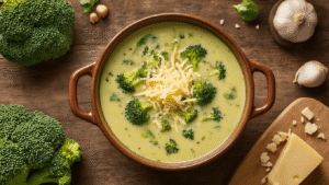 Cinematische bovenaanzicht van dampende romige broccoli-kaassoep in een rustieke keramieken kom, omringd door verse ingrediënten waaronder broccoli, geraspte kaas, room, uien, en knoflook, met warme gouden verlichting en hyper-realistische texturen.