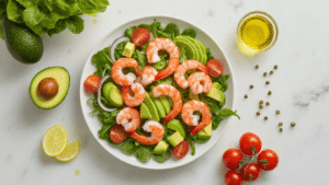 Zomerse Garnalen-Avocado Salade: Fris & Feestelijk! Cinematische overheadfoto van een elegante marmeren keuken met een zomerse garnalen avocado salade, inclusief glanzende roze garnalen, rijpe avocado blokjes, helderrode cherry tomaten, verse veldsla, rode ui ringen, komkommer dobbelsteentjes en limoenschijven, omringd door gouden olijfolie en verse koriander.