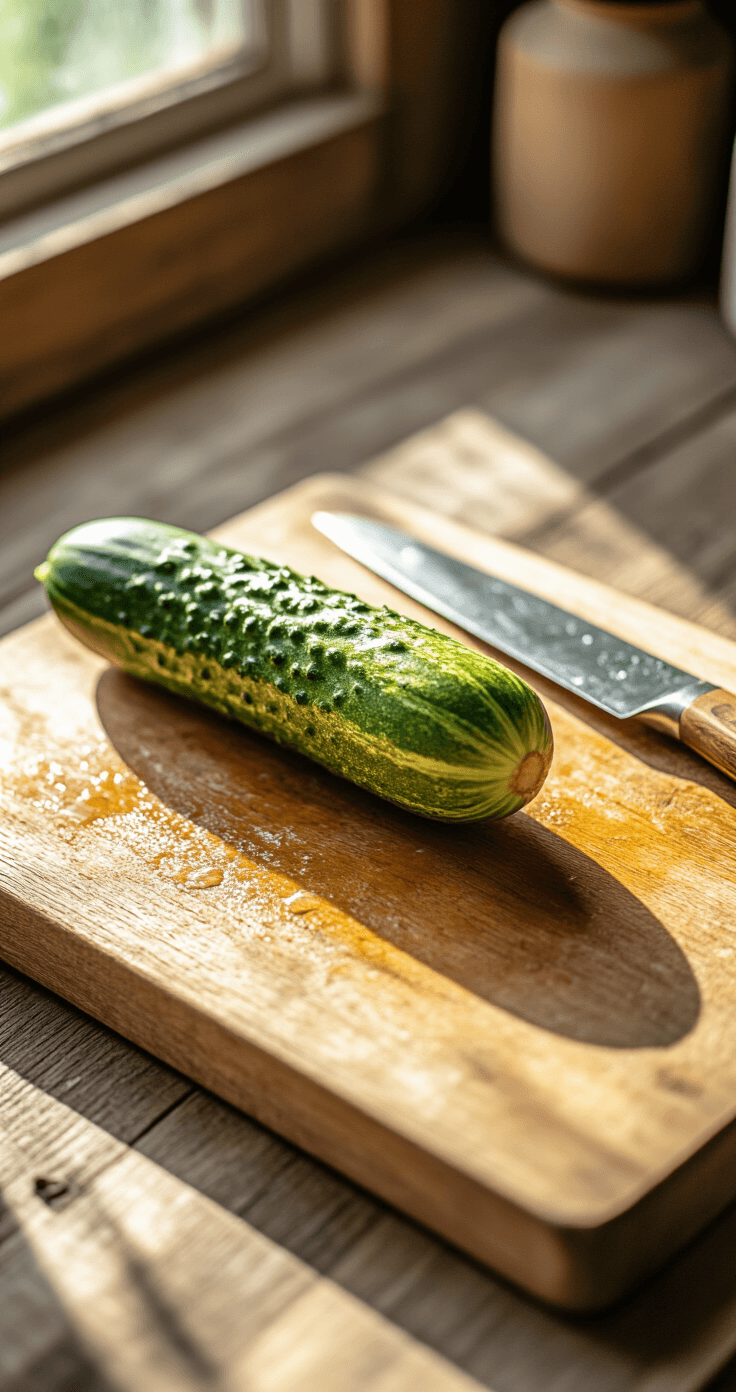 Komkommer Tonijnsalade: De Ultieme Verfrissende Lunch Close-up van een verse komkommer op een rustieke houten snijplank, verlicht door warm natuurlijk licht. Te zien zijn de textuur van komkommerzaadjes en glanzende waterdruppels, met een vintage mes en een keukenhanddoek op de achtergrond.