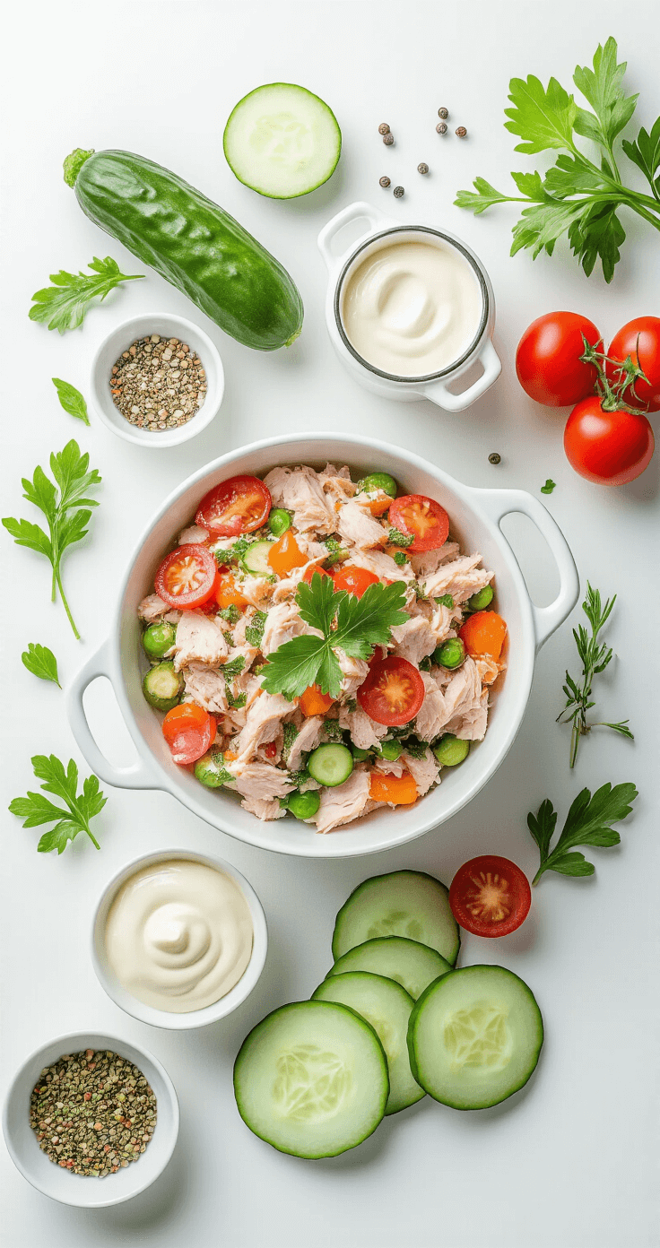 Komkommer Tonijnsalade: De Ultieme Verfrissende Lunch Gedetailleerd overzicht van een tonijnsalade bereidingstafel met ingrediënten zoals tonijnmix, mayonaise, mosterd, komkommer en kruiden, met zachte studioverlichting en een minimalistische uitstraling.