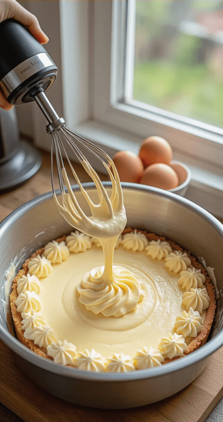 Ultieme Keto Cheesecake: Heerlijk Laagkoolhydraat Dessert Dramatisch bovenaanzicht van een handmixer die roomkaas vulling mengt in een roestvrijstalen kom, met daglicht dat op de glanzende massa valt. Een flesje vanille-extract en eieren zijn zichtbaar in de keuken.