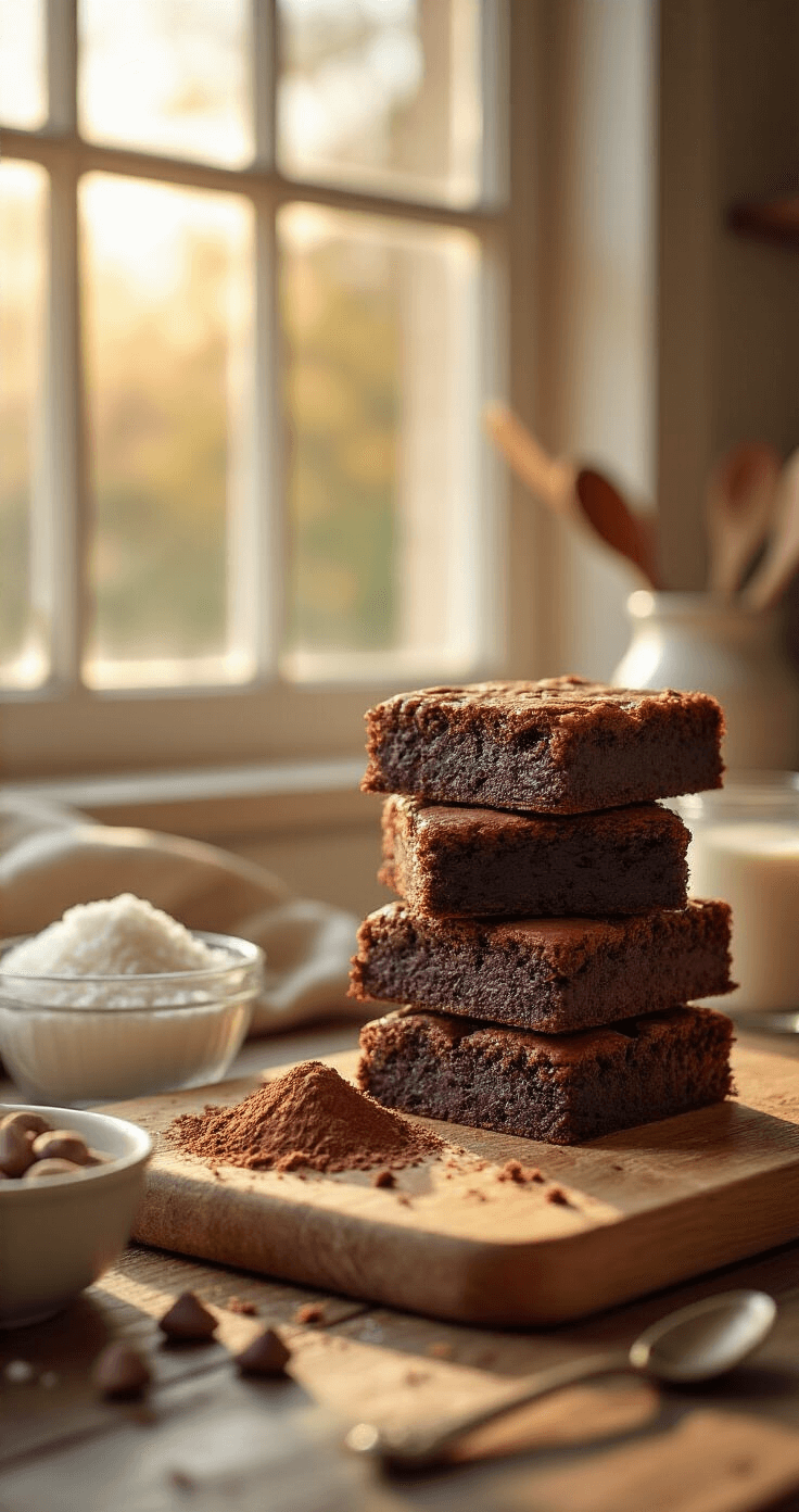 Keto Brownies Recept Warme keuken met gouden ochtendlicht waarop verse amandelmeel, pure cacaopoeder, kokosolie en suikervervanger in glazen kommen liggen uitgestald op een rustieke houten snijplank, met zachte schaduwen en stofachtige lichtstralen.