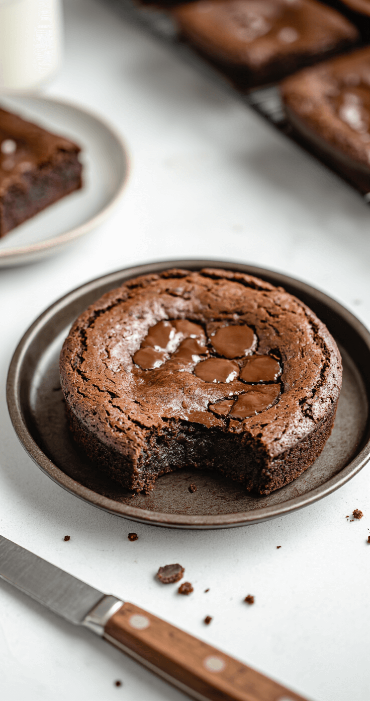 Keto Brownies Recept Dampende keto brownies in een vintage koekenpan op een marmeren aanrecht, met rijke chocoladetextuur en glanzende korst, en een mes voor het snijden met chocoladekruimels zichtbaar.