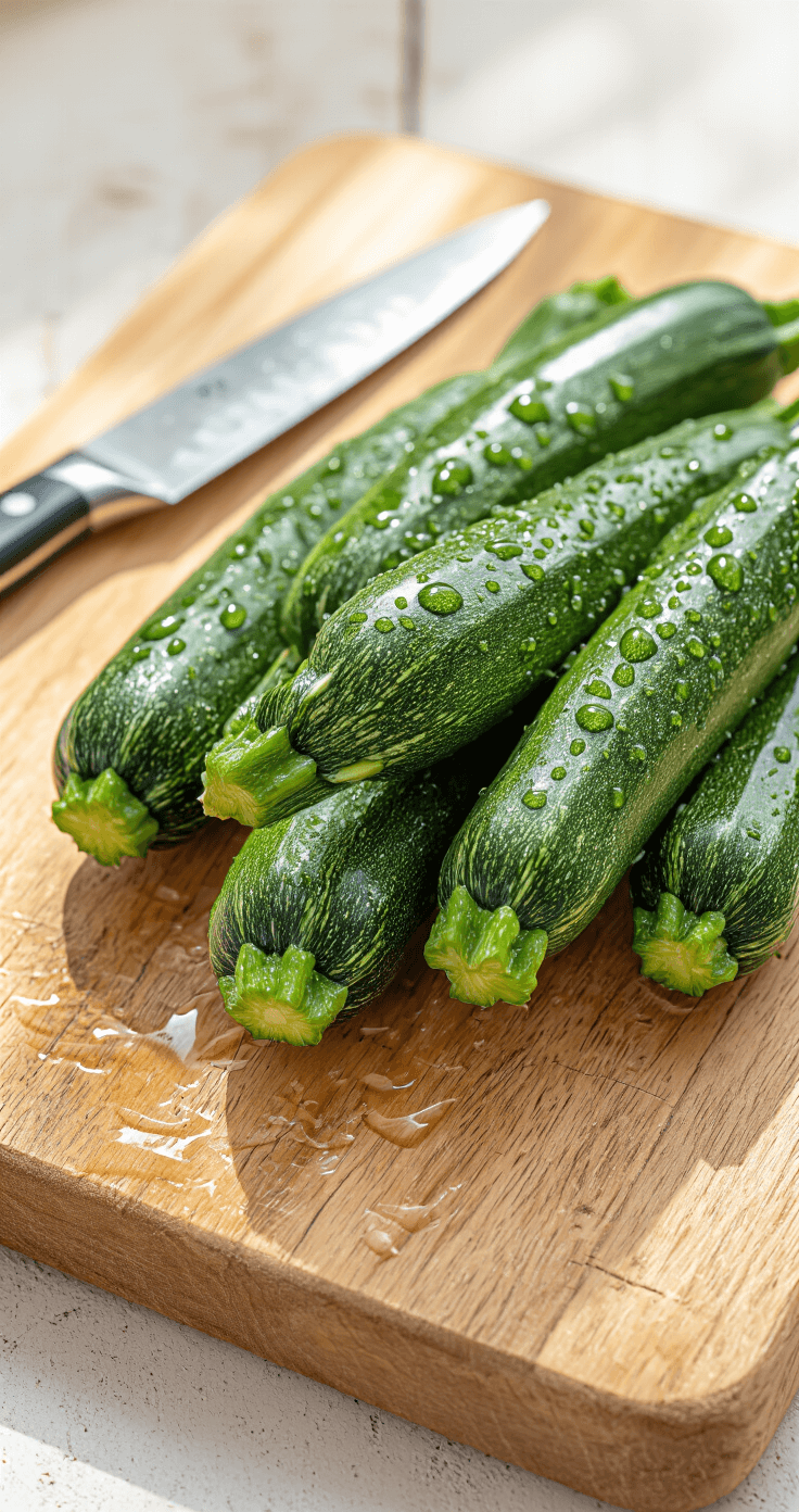 Gevulde Courgettebootjes met Gehakt en Kaas Ultra-realistisch close-up van net gewassen courgettes op een rustieke houten snijplank, met een scherp mes ernaast. Zacht ochtendlicht valt op de levendige groene huid van de courgettes met waterdruppels, en toont de gedetailleerde texturen van het hout en de groenten.
