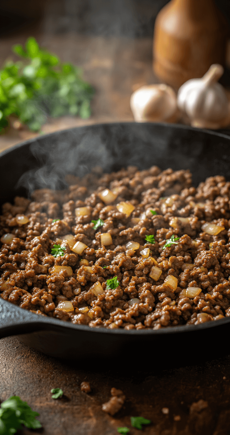 Gevulde Courgettebootjes met Gehakt en Kaas Professionele actieopname van sissend gemalen rundvlees en champignons die worden bruin gebakken in een grote gietijzeren pan. Stoom stijgt op, goudbruin vlees en fijngehakte uien en knoflook zijn zichtbaar. Rijke, warme keukensfeer benadrukt het karamellisatieproces, met kruiden en specerijen rondom de pan. Rustieke keukenachtergrond in zachte focus, die techniek en textuur vastlegt.