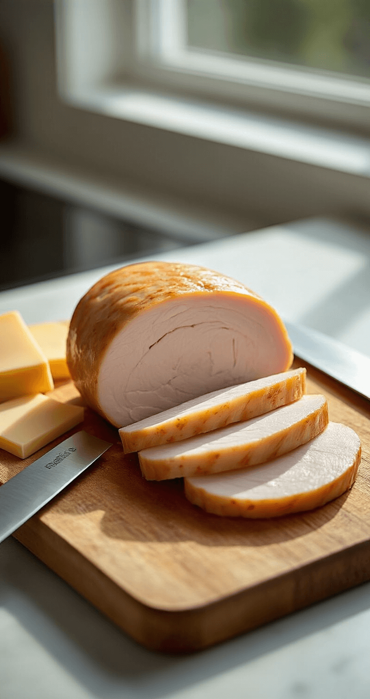 Kalkoen-kaas Rolletjes: Het Ultieme Laagkoolhydraat Snack Recept Ultra-realistisch close-up van vers gesneden kalkoenborst en kaas op een rustieke houten snijplank, met zacht natuurlijk licht dat van een zijraam straalt; een scherp professioneel chef's mes ligt ernaast op een lichte keukenaanrechtblad met subtiele textuur, hypergedetailleerde focus op de texturen van het vlees en de kaas, ochtendkeukenambiance met zachte schaduwen.