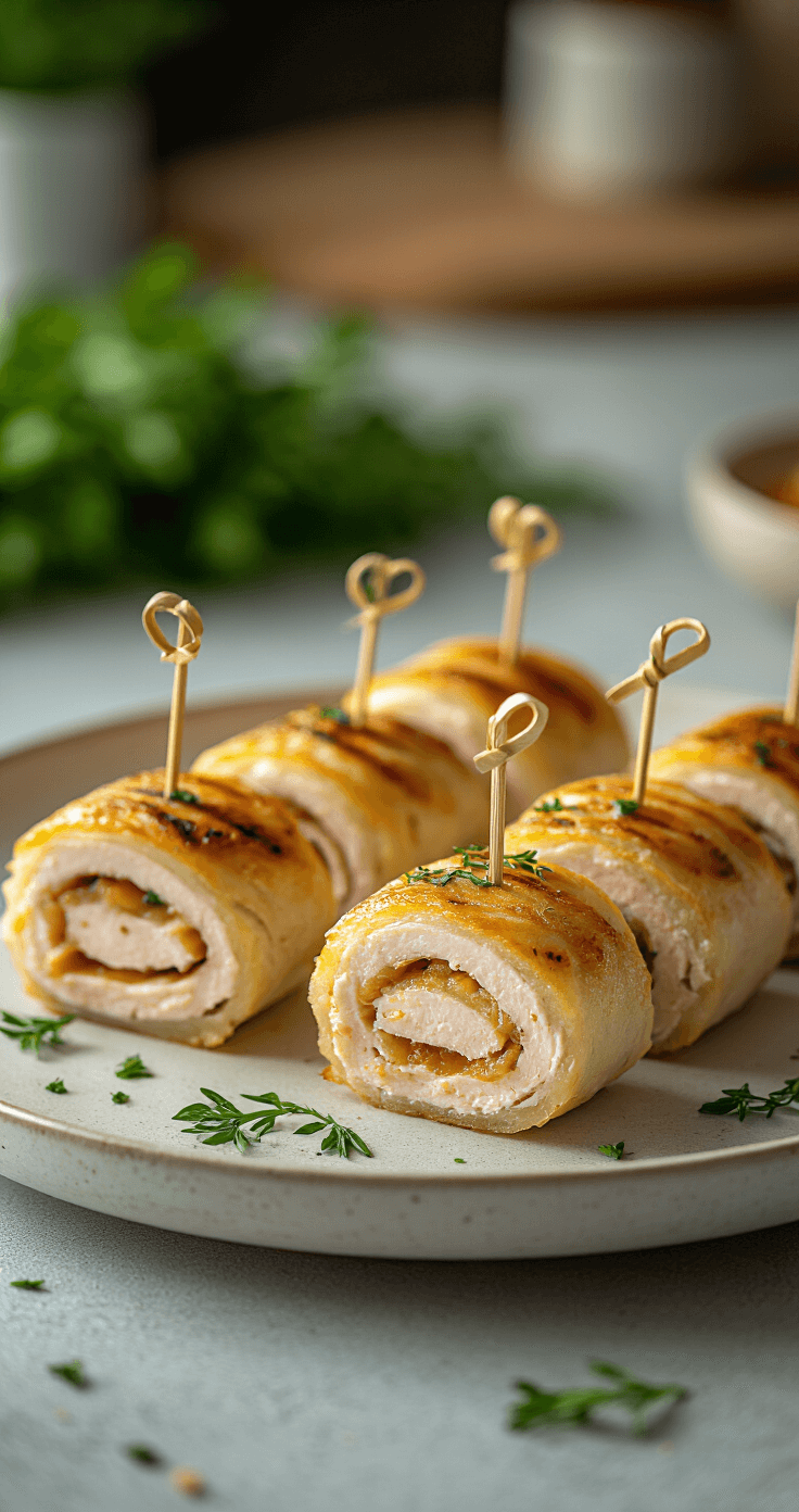 Kalkoen-kaas Rolletjes: Het Ultieme Laagkoolhydraat Snack Recept Elegante voedselpresentatie van gevulde kalkoen-kaasrolletjes op een minimalistisch keramisch bord, met goudbruine randen van lichte grilling, cocktailprikkers strategisch geplaatst en verse kruiden artistiek verspreid, tegen een zachte, onscherpe keukensetting.