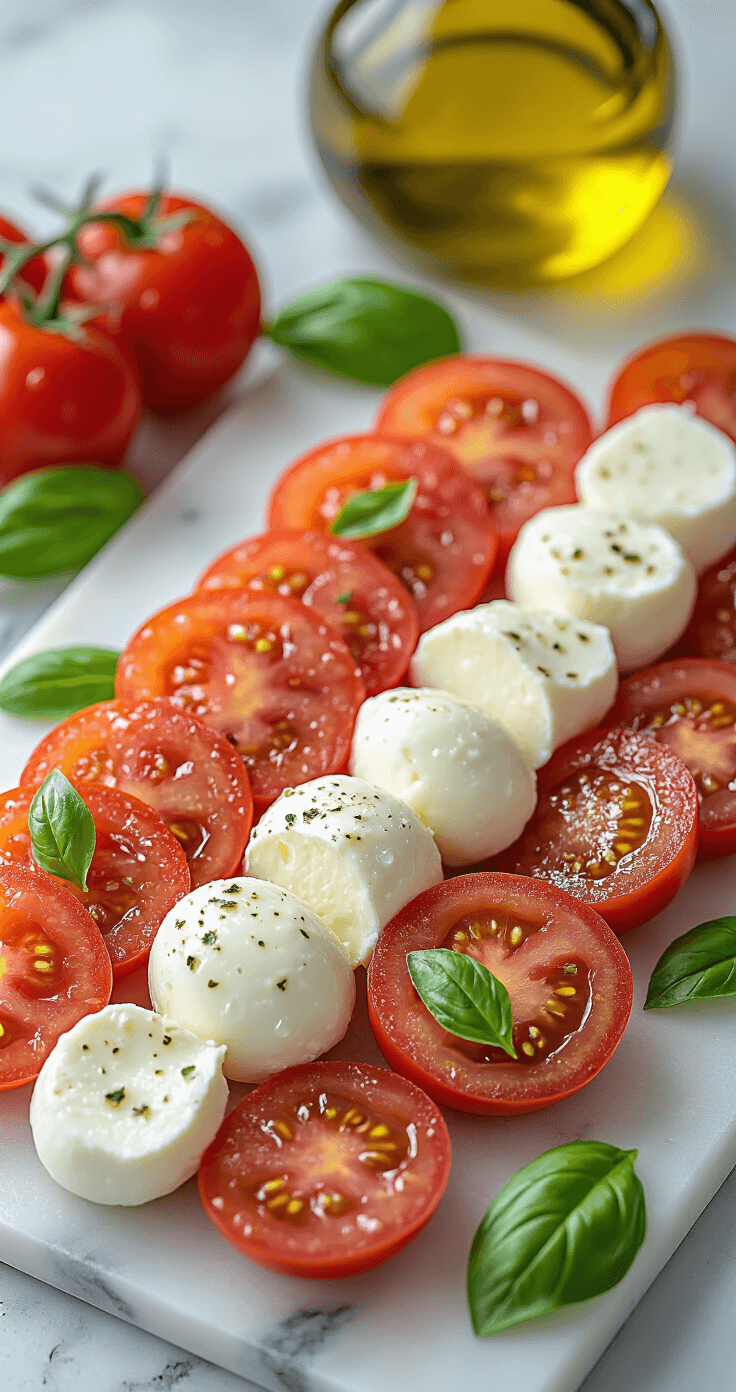Caprese Salade: Het Ultieme Italiaanse Zomergerecht in 10 Minuten Ultra-detaillierte close-up van verse, glanzende ingrediënten voor Caprese-salade op een rustieke marmeren ondergrond, met rijpe, diepe rode erfstuk-tomaten met waterdruppels, romige witte buffelmozzarella in onregelmatige stukken, en levendig groene verse basilicumblaadjes. Zacht natuurlijk licht werpt zachte schaduwen en benadrukt textuur en versheid, met een onscherpe achtergrond die hints van een Italiaanse keuken toont, en een gedeeltelijk zichtbare gouden olijfolie-fles. Hyper-realistische macrofotografie met rijke kleurverzadiging.
