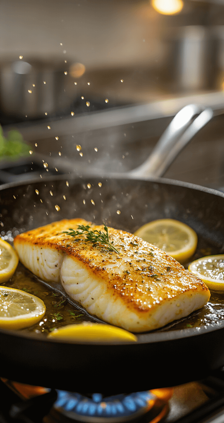 Gebakken Kabeljauw met Kruiden - Mals, Sappig en Klaar in 30 Minuten Professional kitchen with golden-brown codfish fillet sizzling in a cast-iron skillet, surrounded by droplets of olive oil, fresh lemon slices, and herbs, with steam rising and warm amber lighting.