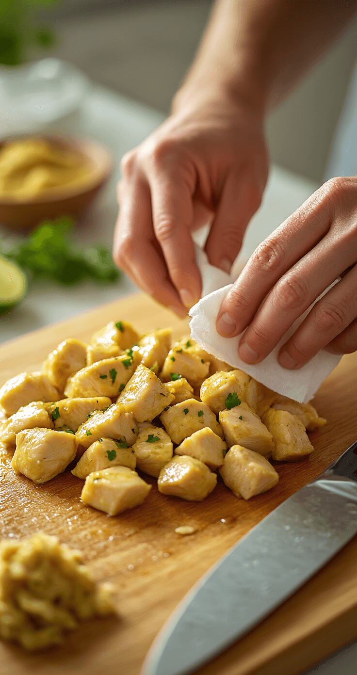 Keto Kipcurry: Romige Laagkoolhydraat Curry in 40 Minuten Close-up of finely diced chicken on a wooden cutting board, being dabbed dry with white kitchen paper, illuminated by warm morning light, with a chef's knife nearby.