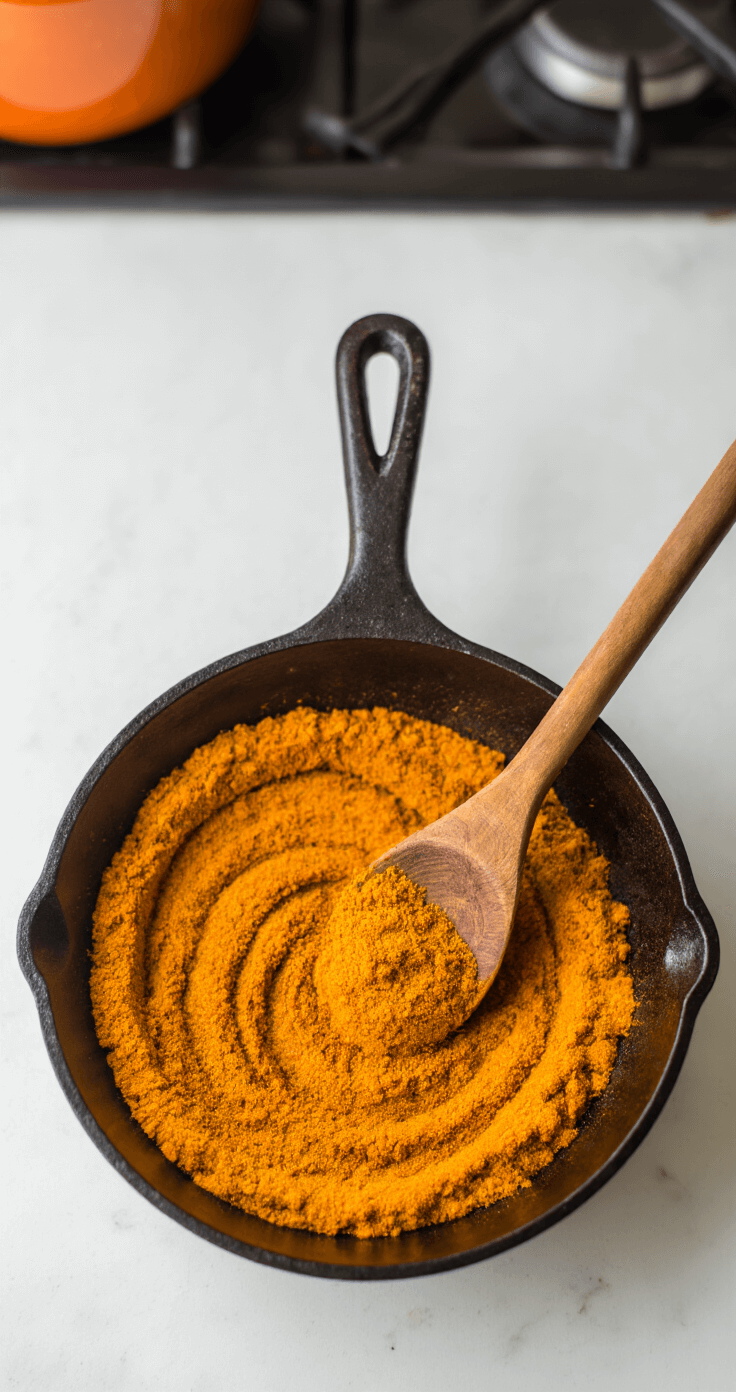 Keto Kipcurry: Romige Laagkoolhydraat Curry in 40 Minuten Overhead view of a cast-iron skillet filled with vibrant, swirling spices, including golden-brown curry powder and deep orange turmeric, with steam rising and a wooden spoon stirring, set against a warm, blurred kitchen background.