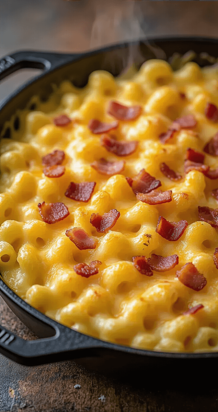 Bloemkool Mac and Cheese: De Ultieme Gezonde Twist op een Klassieke Favoriet Dramatische close-up van een gouden bruine mac and cheese in een gietijzeren pan, bedekt met krokante spekjes, damp stijgt op, gefotografeerd vanuit een hoek van 45 graden met zijlicht dat textuur benadrukt.