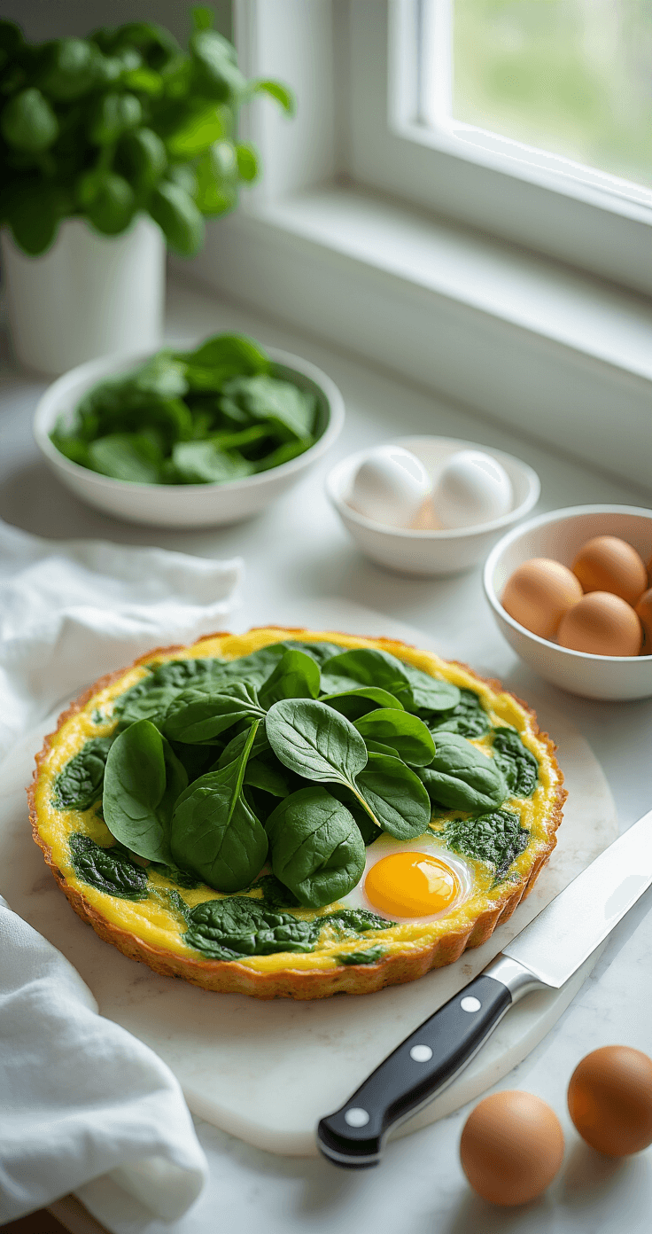 Spinazie Frittata – Gemakkelijk Italiaans Eiergerecht met Verse Groenten Een professionele keuken met een snijplank van wit marmer, waarop verse spinazieblaadjes zijn gerangschikt, met een blinkend koksmes ernaast. Natuurlijke lichtinval zorgt voor een warme sfeer, terwijl een wit linnen doek elegant is neergelegd. Ingrediënten zijn precies gemeten en georganiseerd, met de nadruk op de levendige groene spinazie en rauwe eieren in een keramieken kom.