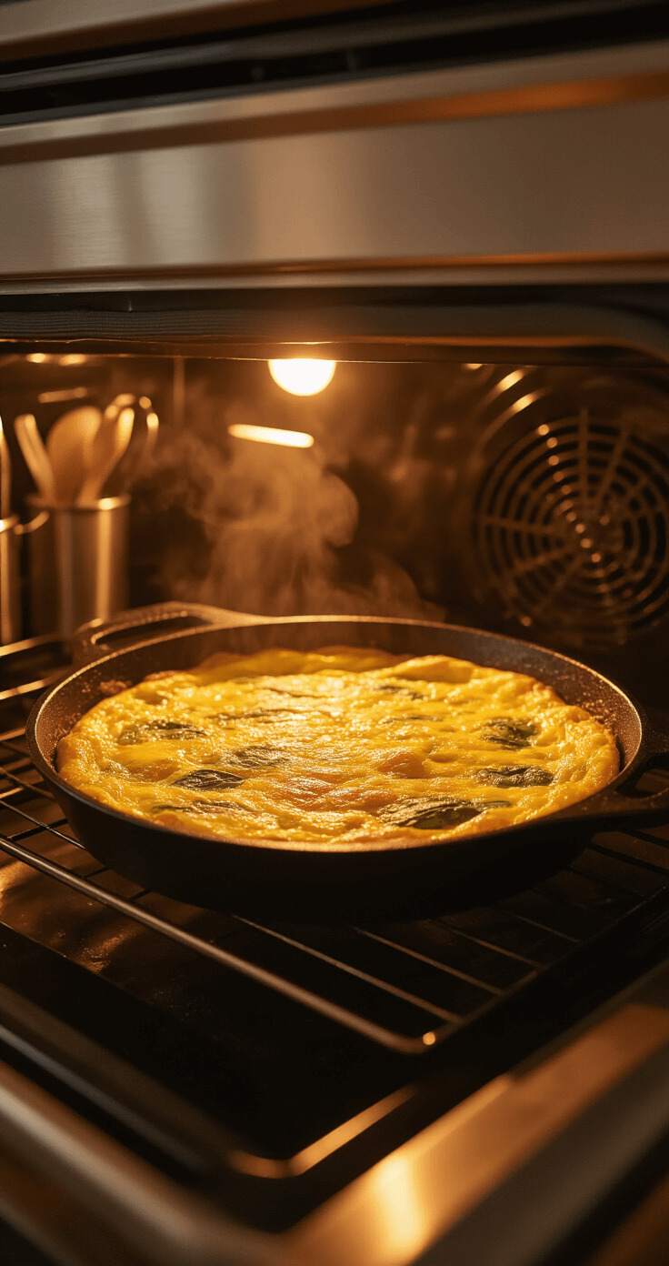 Spinazie Frittata – Gemakkelijk Italiaans Eiergerecht met Verse Groenten Cinematic kitchen interior featuring a golden-brown frittata in a cast-iron skillet, inside a preheated oven with warm amber lighting and steam rising, showcasing culinary transformation and inviting textures.