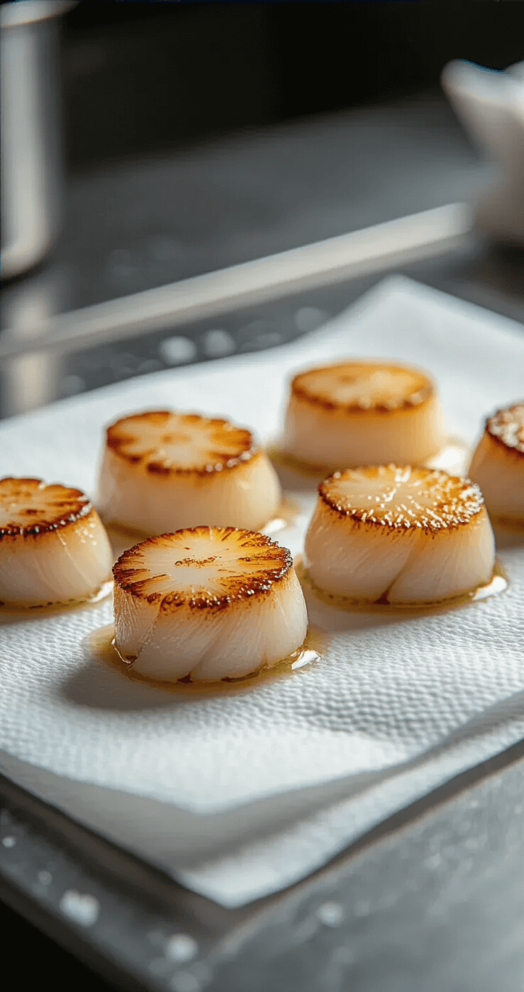 Citroen-Knoflookboter Coquilles: Restaurant-Waardig in 20 Minuten Close-up of dried Saint Jacques scallops on white kitchen paper, patted dry, with dramatic side lighting highlighting their texture, set in a professional kitchen environment.