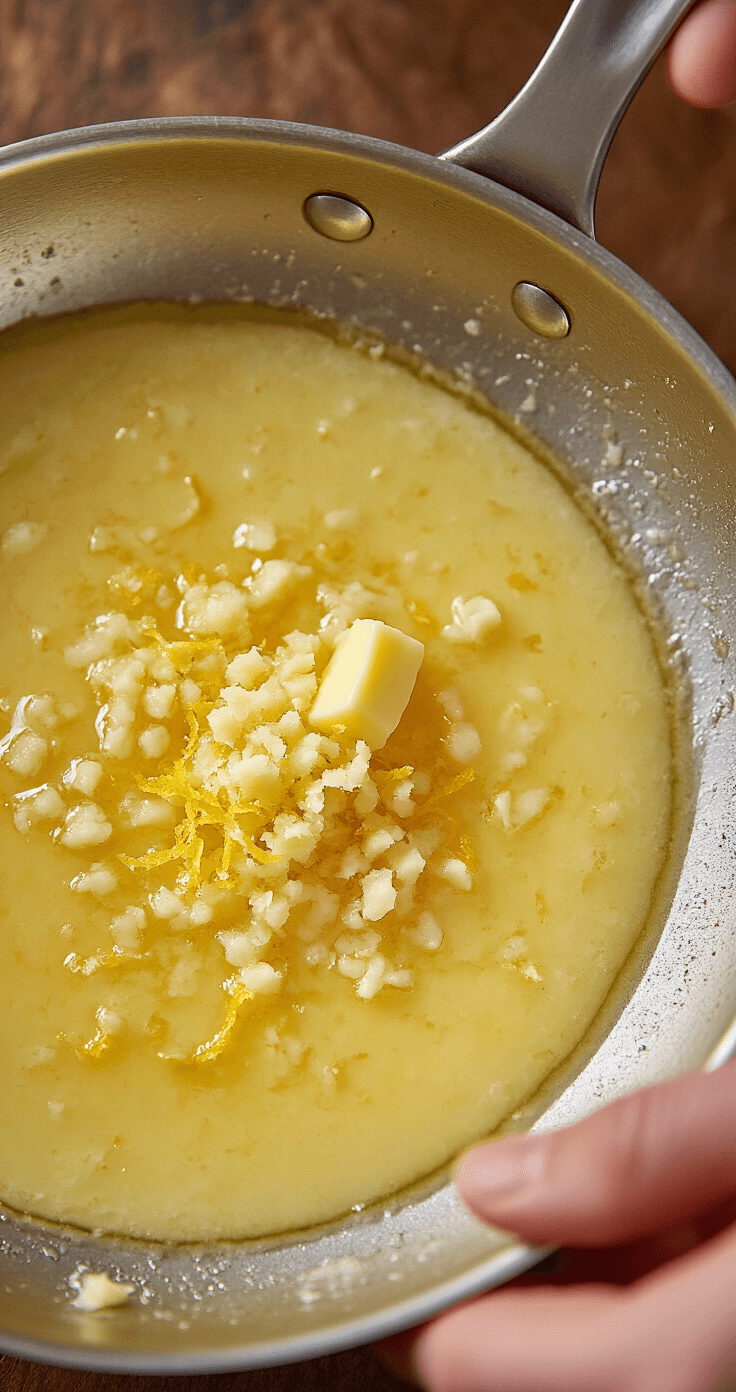 Citroen-Knoflookboter Coquilles: Restaurant-Waardig in 20 Minuten Een elegante keuken waarin gouden boter smelt in een zilveren pannetje, verse knoflook fijngehakt en zachtjes sizzelt, met helder citroenrasp artistiek rond de rand van de pan, warme amberkleurige verlichting, handen van een professionele kok zichtbaar aan de rand van het beeld, hoge-resolutie macrodetails van de transformatie van de boter, damp die subtiel opstijgt, kleurenpalet van warme gele en zachte witte tinten.