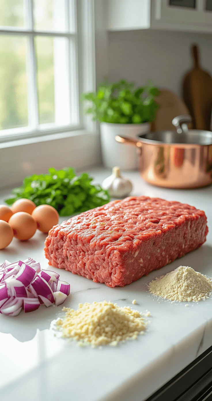 Keto Gehaktbrood: Het Ultieme Low-Carb Recept Zonder Broodkruimels Ultra-detailed kitchen scene with raw ingredients including chopped red onions, minced garlic, ground beef, eggs, and almond flour on a white marble countertop, illuminated by soft morning light, featuring Dutch kitchen elements and copper cookware.