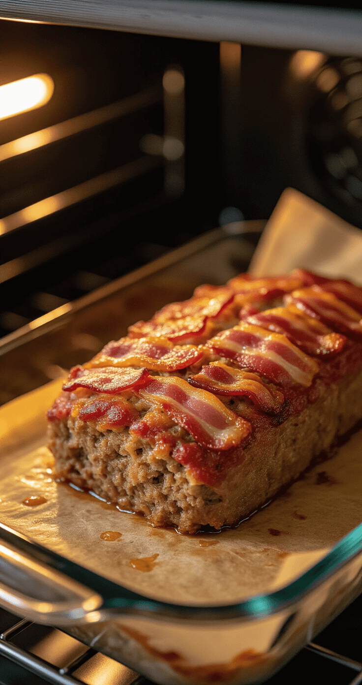 Keto Gehaktbrood: Het Ultieme Low-Carb Recept Zonder Broodkruimels Cinematisch interieur van een oven met een goudbruin keto-vleesbrood, omgeven door krokante spekranden in een Pyrex glazen schaal met doorschijnend bakpapier, terwijl het vleesbrood glinstert met gesmolten vet, verlicht door een warme amber-gouden gloed, met stoom die subtiel omhoog stijgt en een moderne Nederlandse keuken op de achtergrond.