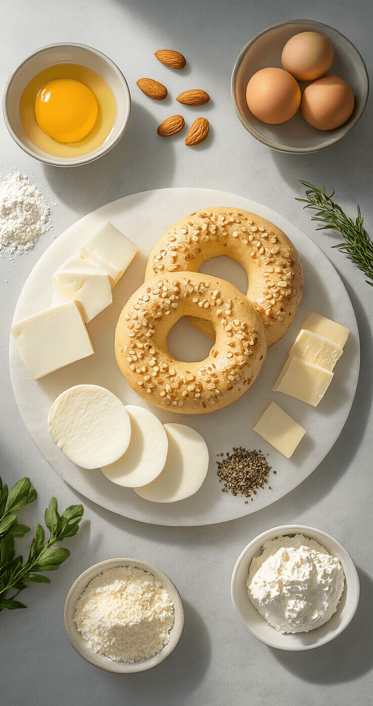 Keto Pizza Bagels: Jouw Nieuwe Low-Carb Obsessie Cinematische bovenaanzicht van een schone keuken met zorgvuldig gerangschikte ingrediënten voor een keto pizza bagel: gouden amandelmeel in een keramische kom, witte mozzarella kaas, blokken roomkaas, een vers ei en kunstzinnig verspreide Italiaanse kruiden, verlicht door zacht natuurlijk ochtendlicht.