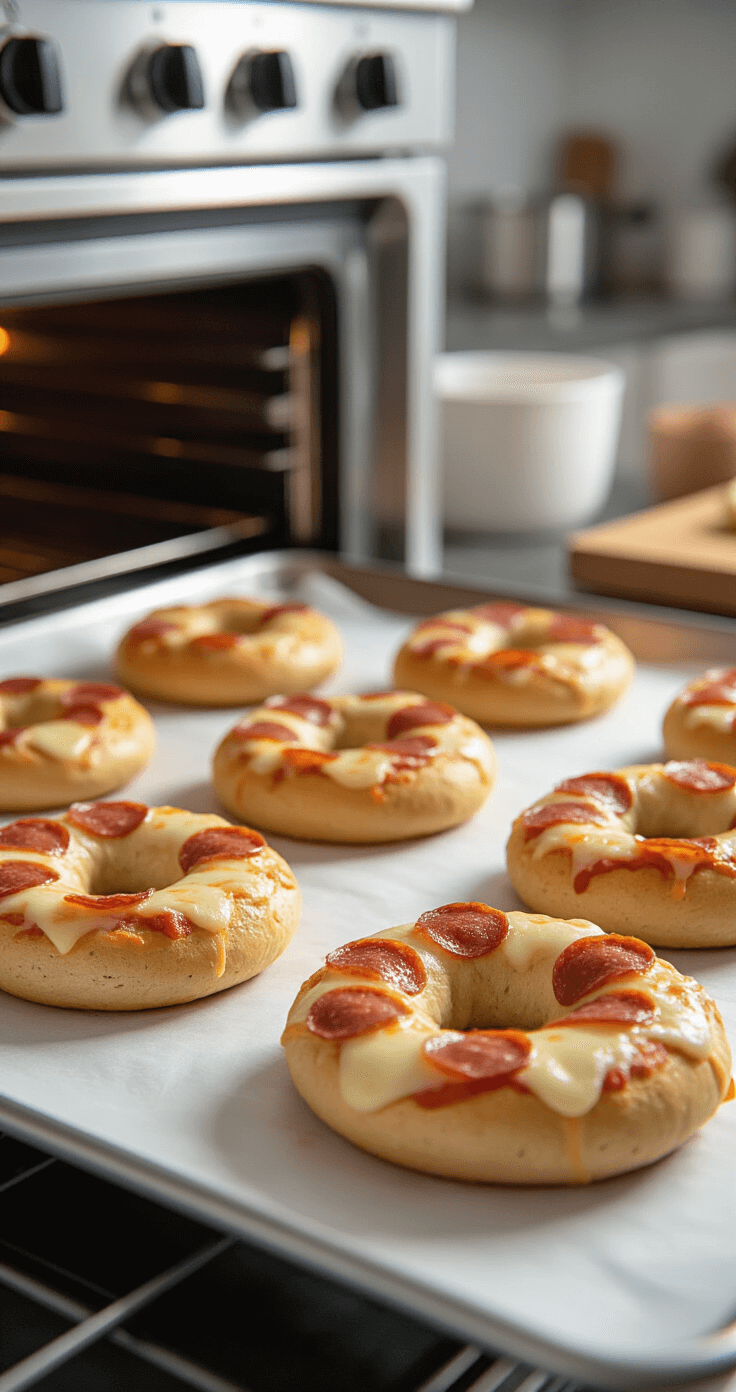 Keto Pizza Bagels: Jouw Nieuwe Low-Carb Obsessie Gouden keto-bagels met peperoni en gesmolten mozzarella, net uit een glanzende oven, op wit bakpapier, met stoom die omhoog stijgt in een professionele keukensetting.