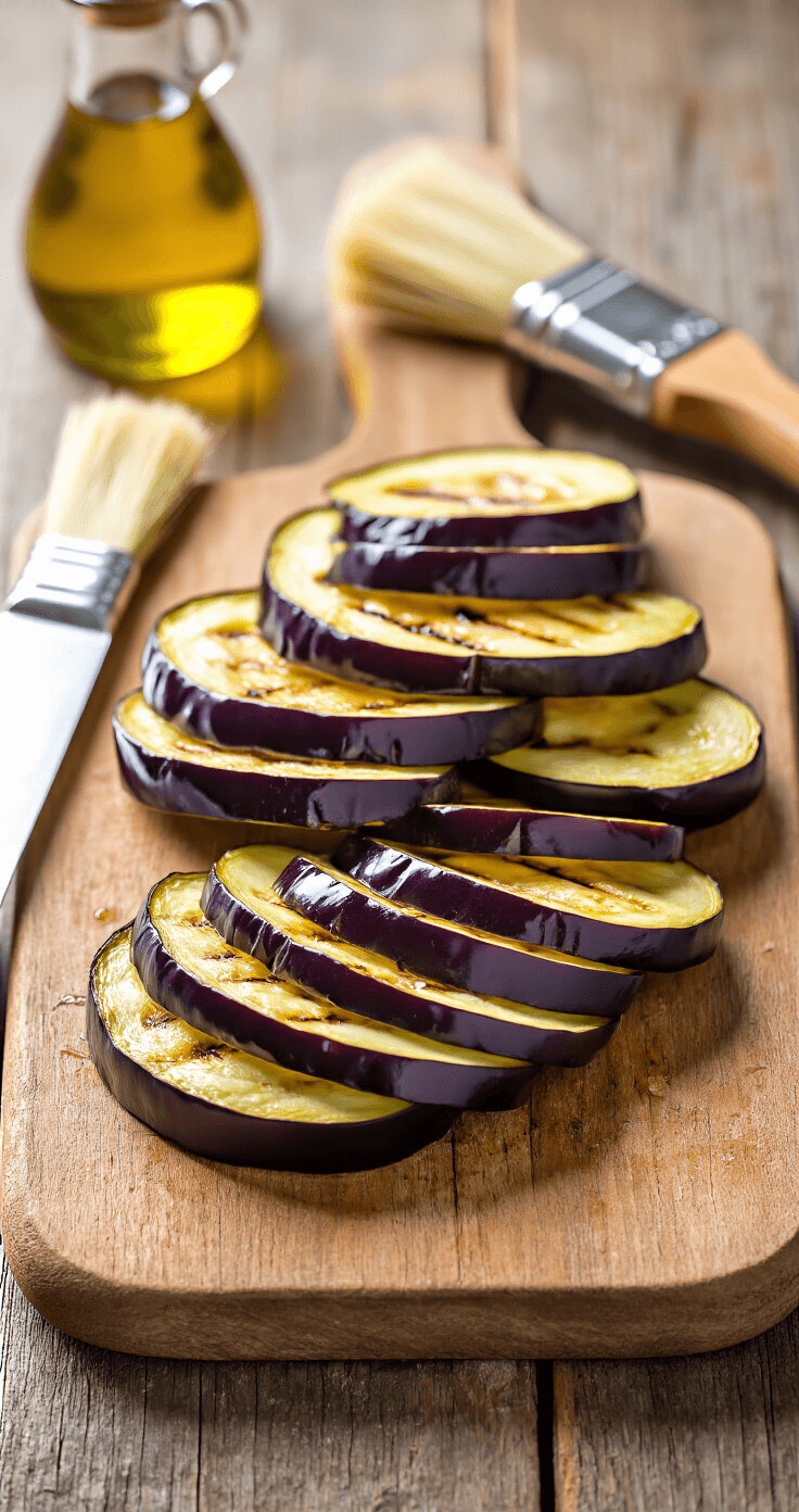 Gegrilde Aubergine met Parmezaan: Het Ultieme Italiaanse Grillrecept Ultra-realistisch close-up van in plakken gesneden aubergine op een rustieke houten snijplank, met symmetrisch gerangschikte plakken van 1 cm dik, waarbij het zachte natuurlijke ochtendlicht de textuur van de diepe paarse schil benadrukt, vergezeld van een vintage penseel en een fles extra vergine olijfolie, die de nauwkeurige voorbereiding vóór het grillen vastlegt in een duidelijke, gedetailleerde Nederlandse culinaire fotografiestijl.