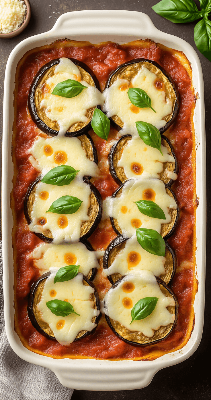 Gegrilde Aubergine met Parmezaan: Het Ultieme Italiaanse Grillrecept Professionele overheadopname van een laagjes aubergine gratin in een klassieke keramische ovenschaal, met perfect gegrilde aubergines, rijke tomatensaus en smeltende mozzarella, afgewerkt met gouden parmezaanse kaas en verse basilicum, in warm sfeervol licht.