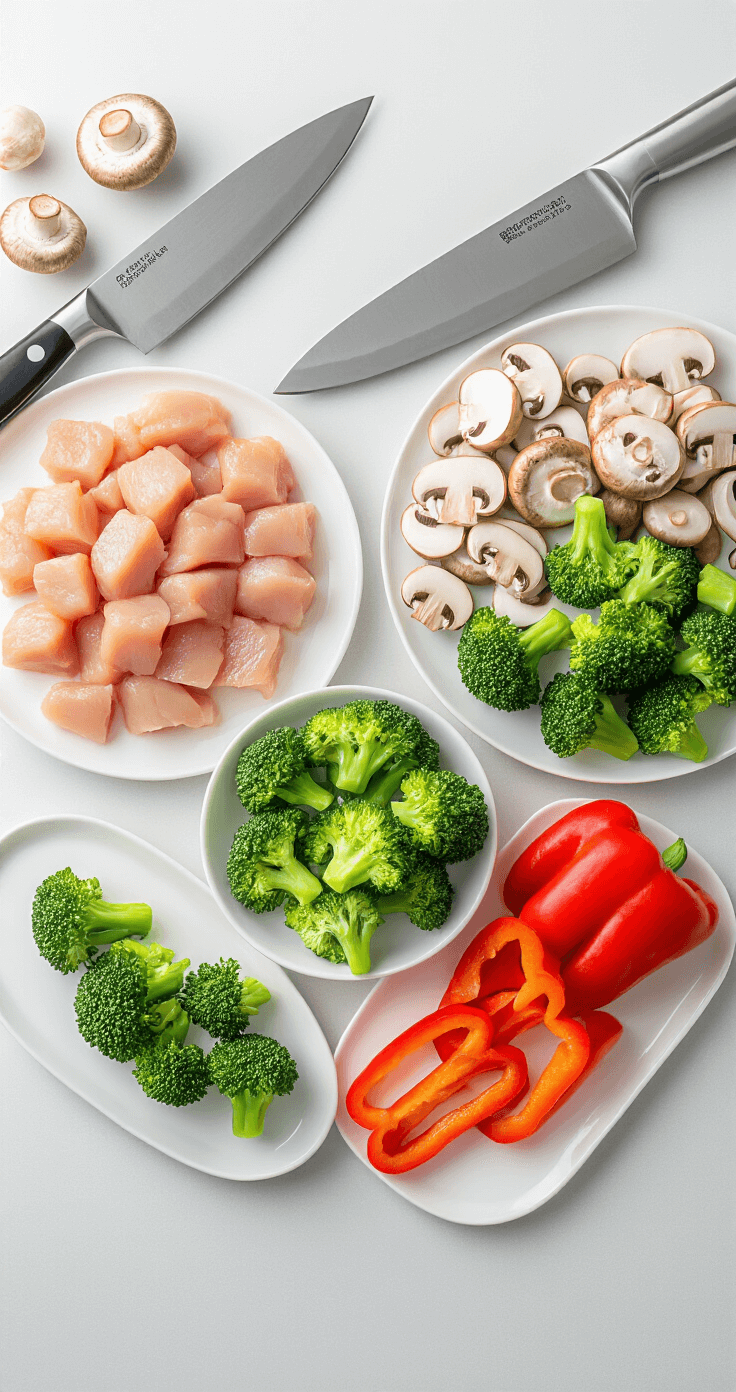 Keto Kip Roerbak: Lekker Laagkoolhydraat in 30 Minuten Ultra-gedetailleerde culinaire scène met een nette keukenruimte, precies gesneden kipblokjes, broccoli, rode paprika en gesneden champignons op schone witte borden, met een scherp koksmes en een glanzend roestvrijstalen snijplank in zijlicht.