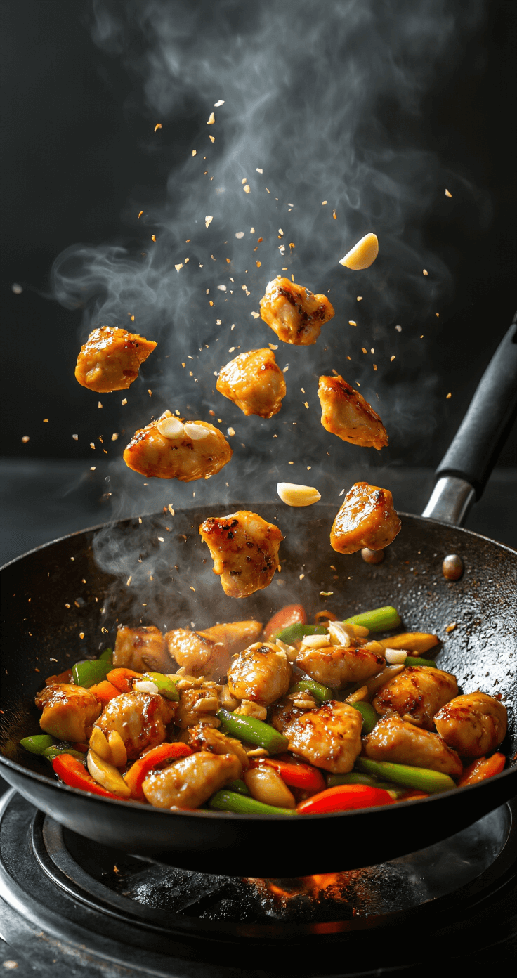 Keto Kip Roerbak: Lekker Laagkoolhydraat in 30 Minuten Dramatic scene of a Dutch keto stir fry with golden-brown chicken and vibrant vegetables being tossed in a dark cast iron wok, steam rising and sesame oil glistening, showcasing dynamic culinary motion and skill.