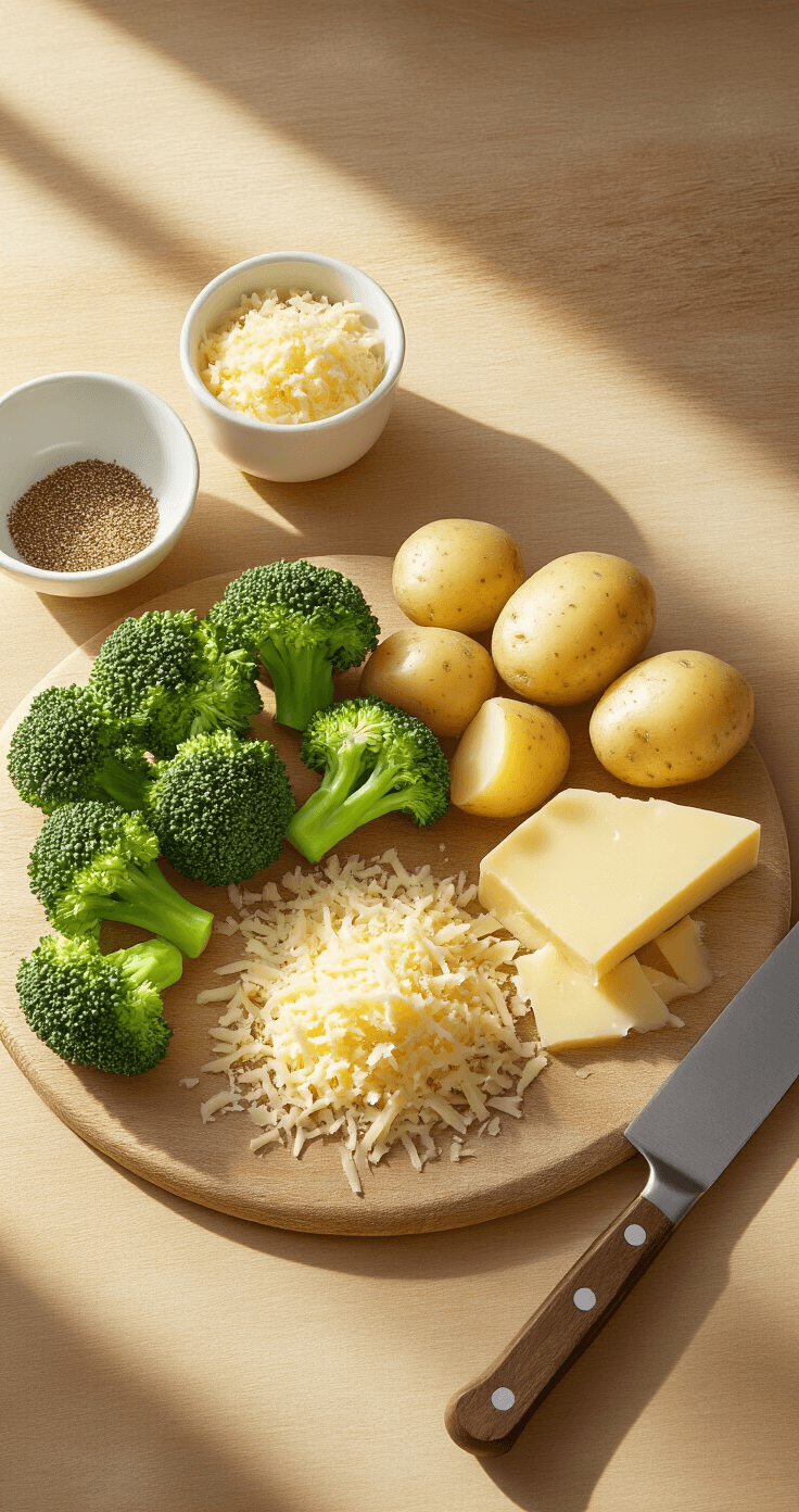 Kaasbroccoli Hapjes: Knapperige Bites vol Kaas en Groente Cinematische bovenaanzicht van een rustieke houten keuken met verse broccoli, aardappelen en geraspte kaas, omringd door keramische kommen met specerijen en een chef's mes, in een warme Nederlandse keuken.