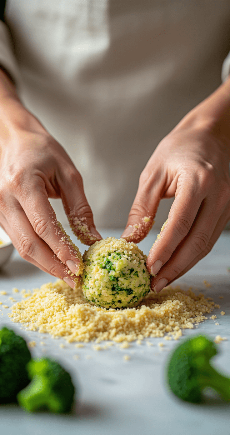 Kaasbroccoli Hapjes: Knapperige Bites vol Kaas en Groente Detaillering close-up van handen die broccoli kaasballetjes vormen, met de focus op het rollen in gouden paneermeel. Handen in een lichte linnen keukenschort, vingertoppen bedekt met paneermeel, met ingrediënten verspreid op een marmeren oppervlak en een zachte uit-focus achtergrond. Professionele food styling benadrukt het ambacht van de bereiding.