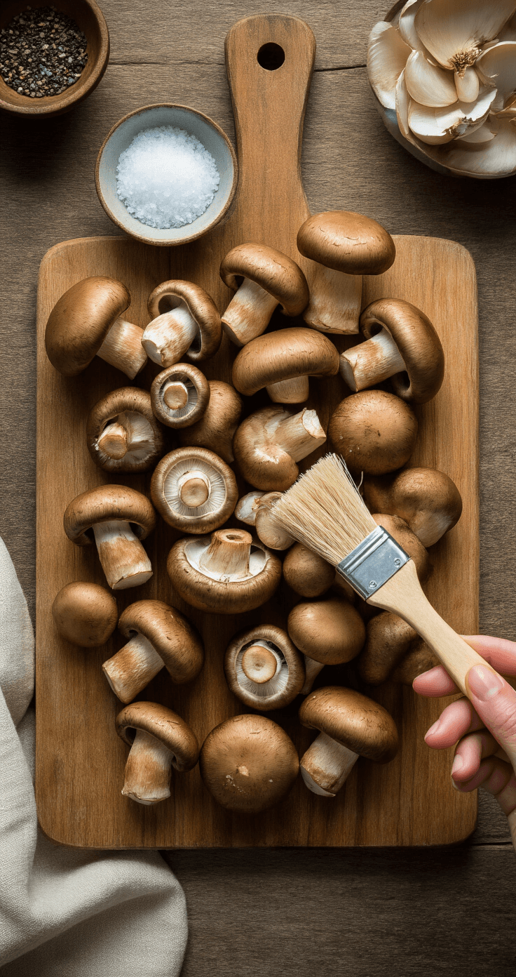 Knoflookboter Champignons: Goudbruin, Sappig en Klaar in 15 Minuten Overhead view of fresh chestnut mushrooms being cleaned with a soft brush on a wooden cutting board, illuminated by soft morning light, with sea salt and black pepper nearby, in a professional kitchen setting.