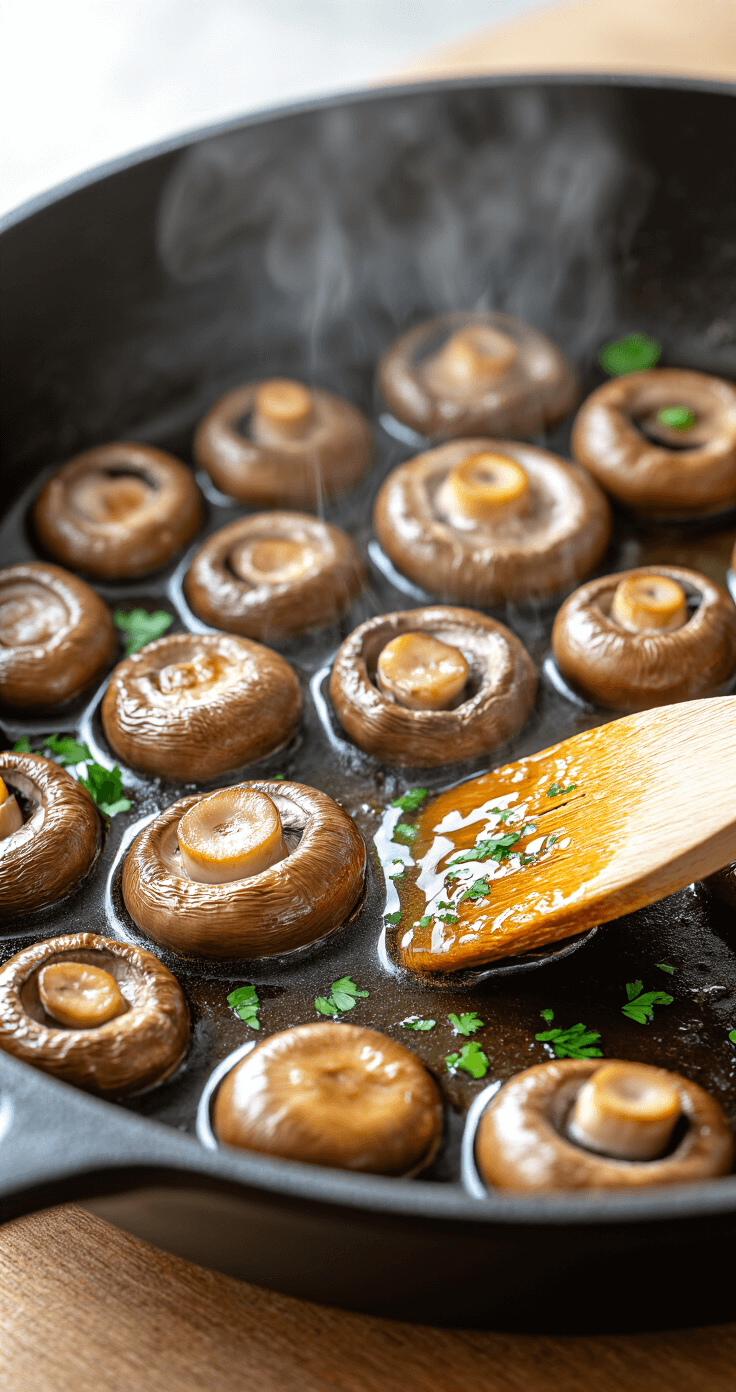 Knoflookboter Champignons: Goudbruin, Sappig en Klaar in 15 Minuten Close-up of golden-brown mushrooms sizzling in a cast-iron skillet with garlic-infused butter, showcasing caramelization and steam, with chopped parsley nearby and a wooden spatula stirring.